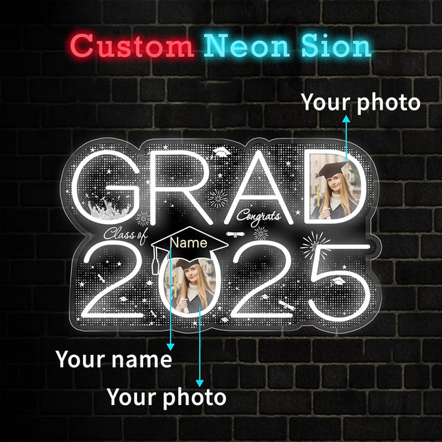 UUBAO Personalized Graduation Gift Neon Signs Congrats Grad LED Light Signs with Photo 2025 Party Backdrop Light Sign Decor (Black and Silver)