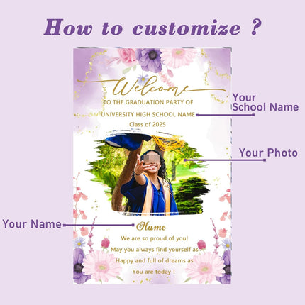 UUBAO Customized Welcome Sign for Graduation Party Personalized Acrylic Sign with Photo Name Class of 2025 Graduation Decor(Purple Flowers)