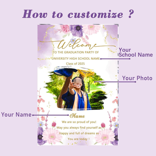 UUBAO Customized Welcome Sign for Graduation Party Personalized Acrylic Sign with Photo Name Class of 2025 Graduation Decor(Purple Flowers)