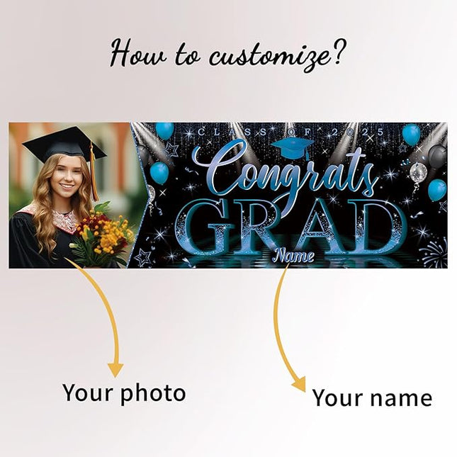 UUBAO Custom Graduation Party Decorations Personalization Banner Class of 2025 Backdrop (Navy Blue）