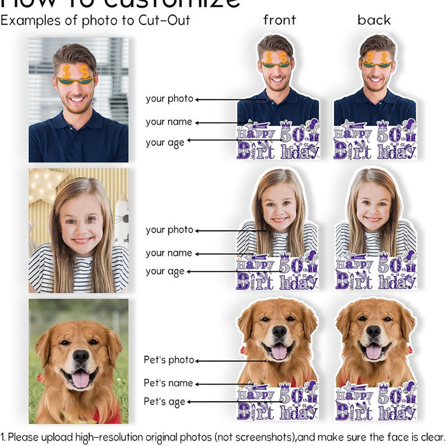 UUBAO Personalized Double Sided Happy Birthday Photo Prop Face Fan Customized Birthday Fun Supplies(Purple and Silver)