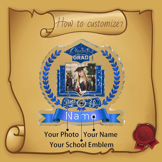 UUBAO Customized Graduation Plaque with Single Picture Custom Picture 2025 Congrats Grad Crystal Desktop Farewell Keepsake Gift (Blue and Silver)