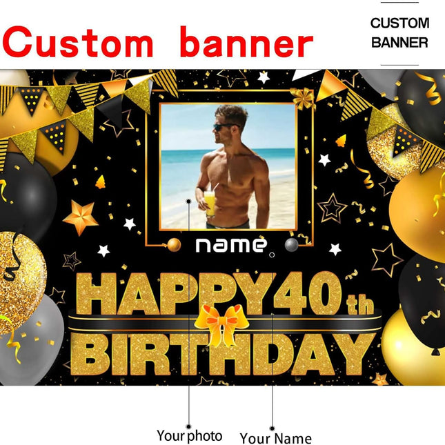 UUBAO Custom Black Gold Theme Birthday Banner for Party Happy Birthday Backdrop Decoration Personalized with Name and Photo