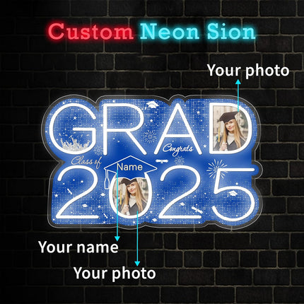 UUBAO Personalized Graduation Gift Neon Signs Congrats Grad LED Light Signs with Photo 2025 Party Backdrop Light Sign Decor (Blue and Silver)