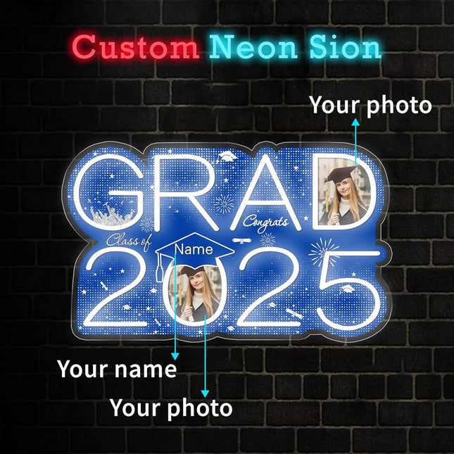 UUBAO Personalized Graduation Gift Neon Signs Congrats Grad LED Light Signs with Photo 2025 Party Backdrop Light Sign Decor (Blue and Silver)