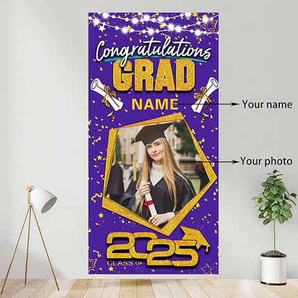 UUBAO Custom Graduation Party Decorations Personalization Banner Class of 2025 Backdrop Door Cover (Purple and Gold)