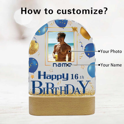 UUBAO Personalized Happy Birthday Night Light Gift with Photo Customized Acrylic Lamp for Her Mom Daughter Grandma Nana(Blue and Gold)