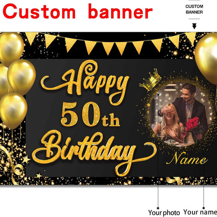 UUBAO Custom Happy Birthday Decorations Banner Backdrop for Women Men Boys Girls Personalization Black and Gold Birthday Party Supplies