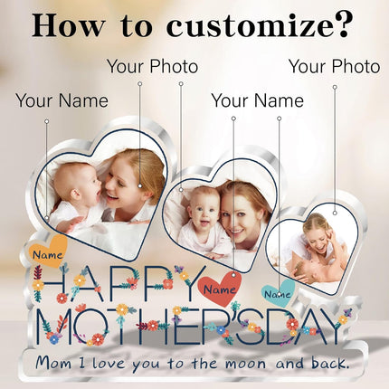 UUBAO Custom Mother’s Day Personalized Acrylic Plaque with Photos Name Gifts for Mom (Multiple Hearts)