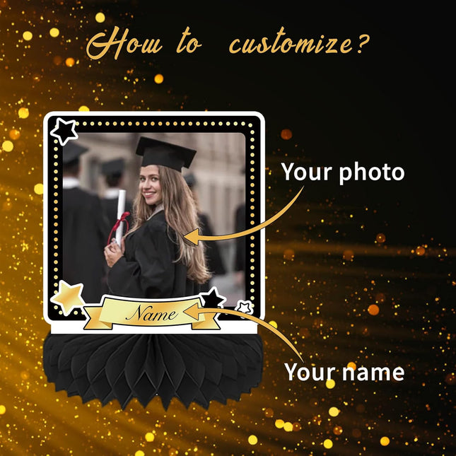 UUBAO 9 PCS Custom Graduation Party Honeycomb Centerpieces Class of 2025 Congrats Grad Decorations Congratulate Graduation Table Toppers for Graduation Party Favor Supplies (Black and Gold)