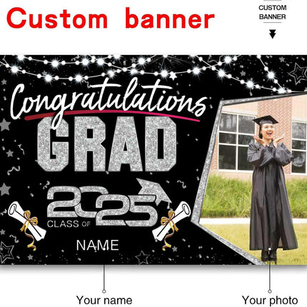 UUBAO Custom Graduation Party Decorations Personalization Banner Class of 2025 Backdrop (Black and Silver)