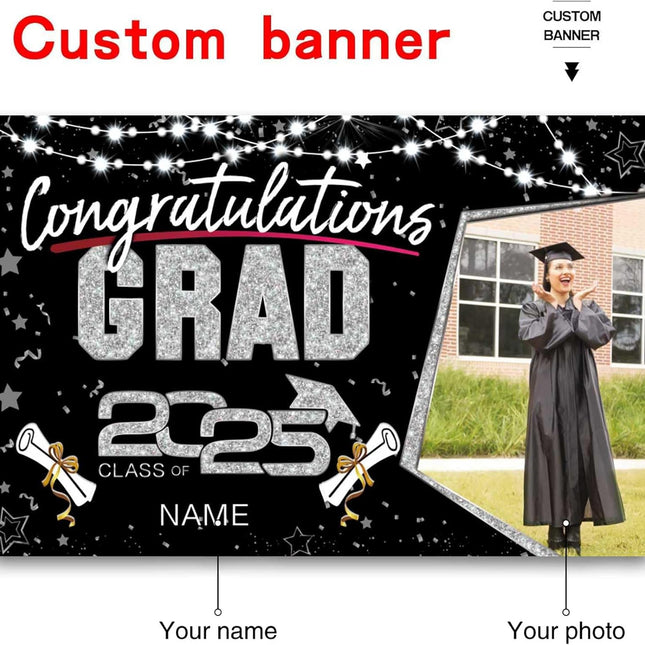 UUBAO Custom Graduation Party Decorations Personalization Banner Class of 2025 Backdrop (Black and Silver)