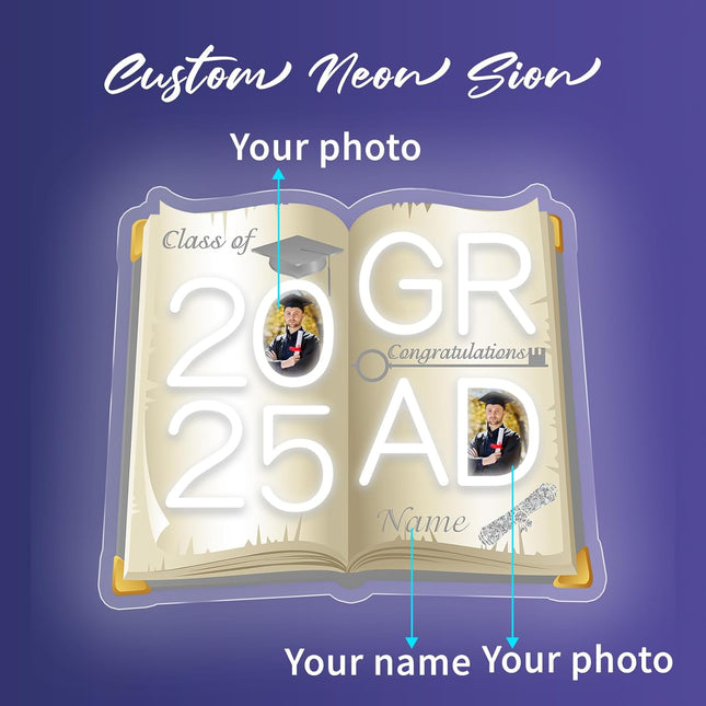 UUBAO Personalized Graduation Gift Neon Signs Congrats Grad LED Light Signs with Photo 2025 Party Backdrop Light Sign Decor (White and Silver)