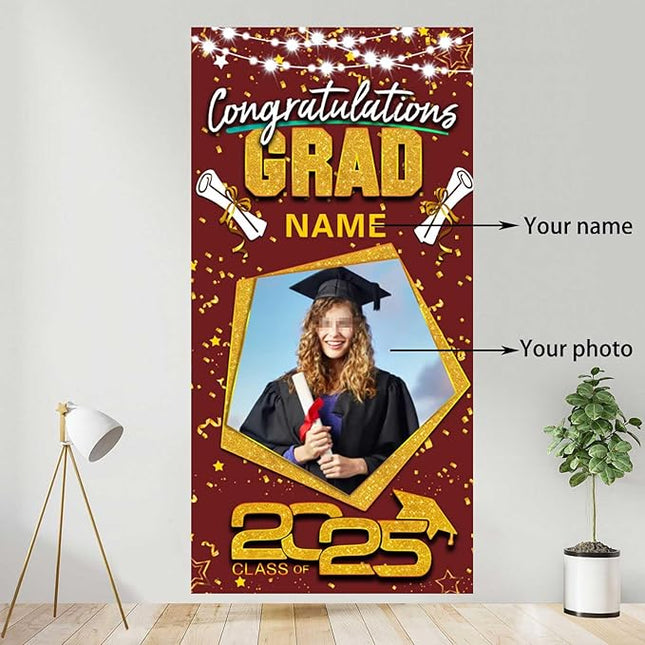 UUBAO Custom Graduation Party Decorations Personalization Banner Class of 2025 Backdrop Door Cover (Maroon and Gold)