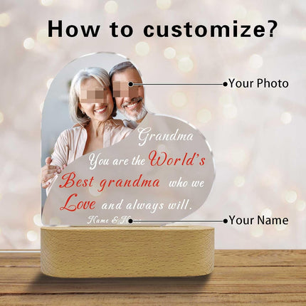 UUBAO Personalized Mother's Day Night Light Gift with Wooden Base Custom Photo Acrylic Plaque LED Night Lamp Gift for Grandma