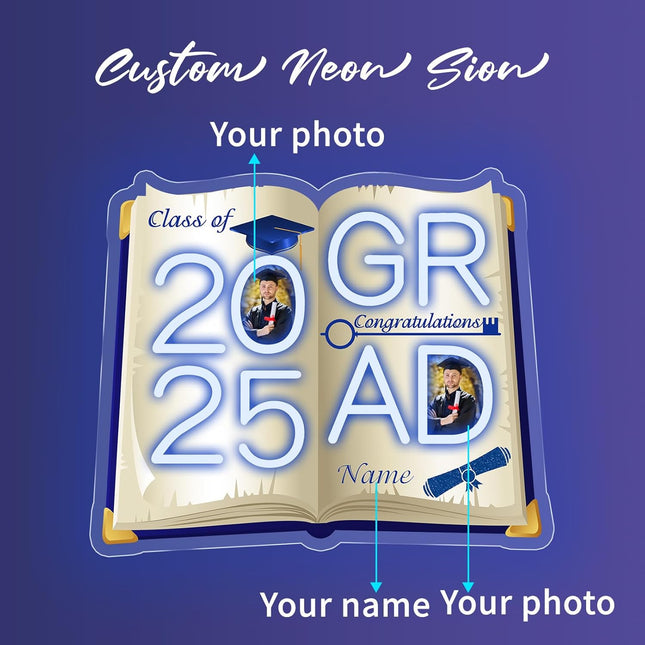 UUBAO Personalized Graduation Gift Neon Signs Congrats Grad LED Light Signs with Photo 2025 Party Backdrop Light Sign Decor (Navy Blue)