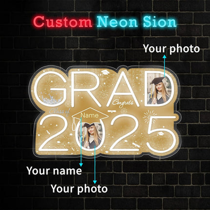 UUBAO Personalized Graduation Gift Neon Signs Congrats Grad LED Light Signs with Photo 2025 Party Backdrop Light Sign Decor (Champagne)