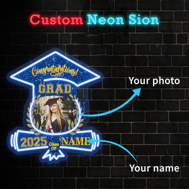 UUBAO Custom Graduation Gift LED Neon Signs Class of 2025 Personalized Photo Congrats Grad USB Powered (Blue and Gold)