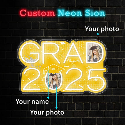 UUBAO Personalized Graduation Gift Neon Signs Congrats Grad LED Light Signs with Photo 2025 Party Backdrop Light Sign Decor (Yellow)