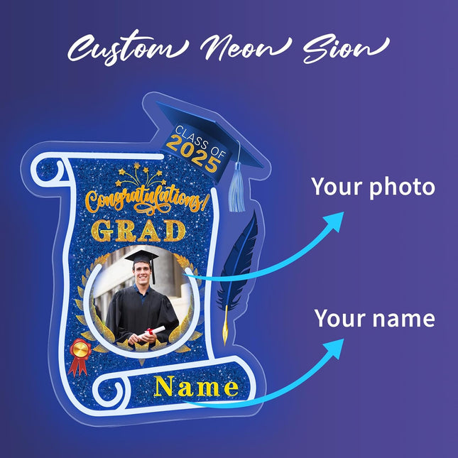 UUBAO Custom Graduation Gift LED Neon Signs Class of 2025 Personalized Photo Congrats Grad USB Powered (Blue and Gold)