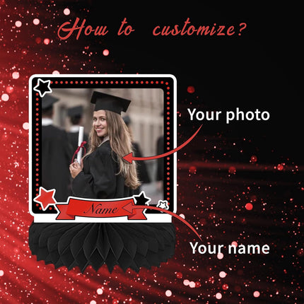 UUBAO 9 PCS Custom Graduation Party Honeycomb Centerpieces Class of 2025 Congrats Grad Decorations Congratulate Graduation Table Toppers for Graduation Party Favor Supplies (Red)