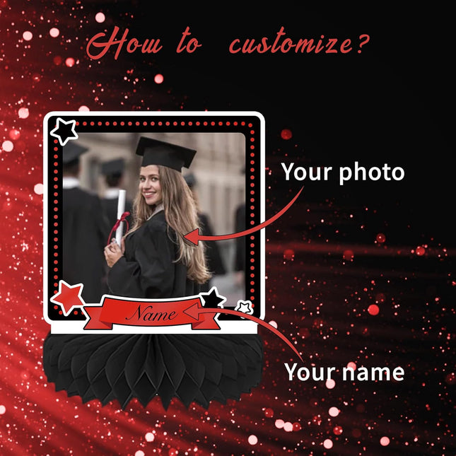 UUBAO 9 PCS Custom Graduation Party Honeycomb Centerpieces Class of 2025 Congrats Grad Decorations Congratulate Graduation Table Toppers for Graduation Party Favor Supplies (Red)