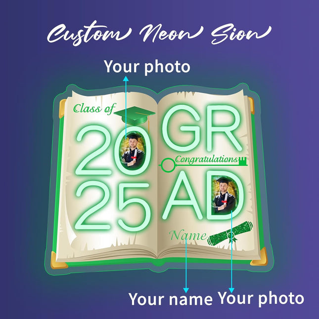 UUBAO Personalized Graduation Gift Neon Signs Congrats Grad LED Light Signs with Photo 2025 Party Backdrop Light Sign Decor (Light Green)