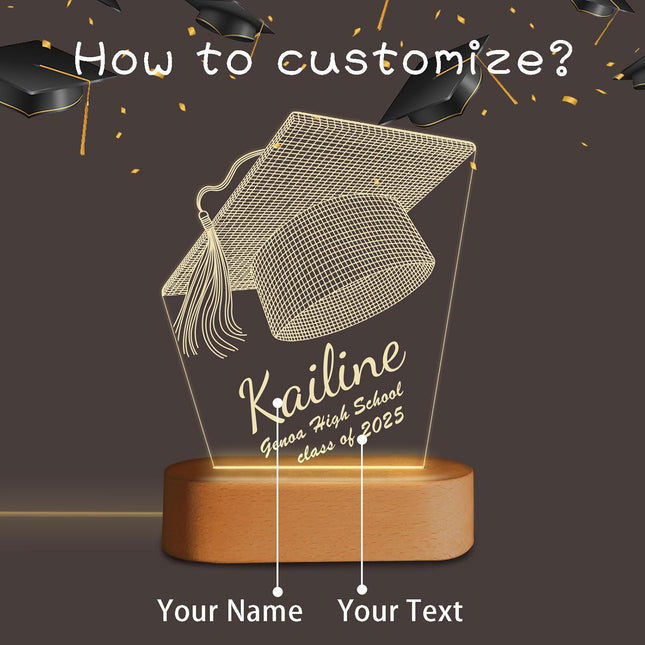 UUBAO Personalized Graduation Lamp Gifts for Her or Him Class of 2025 Custom Name College & Year Congrats Grad 3D Illusion Night Light Decoration for High School Graduation or University (Mortarboard)