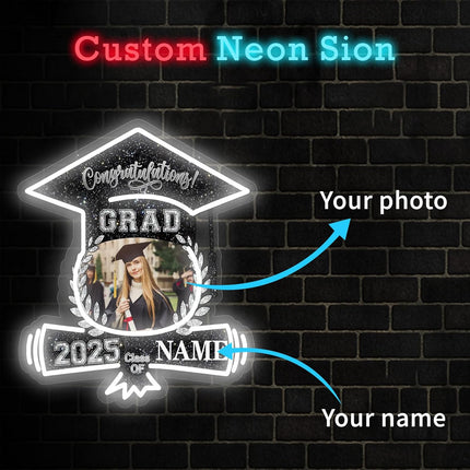 UUBAO Custom Graduation Gift LED Neon Signs Class of 2025 Personalized Photo Congrats Grad USB Powered (Black and Silver)
