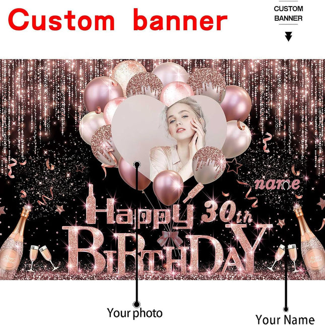 UUBAO Custom Rose Gold Happy Birthday Banner Backdrop Birthday Decorations Party Supplies for Girl Women