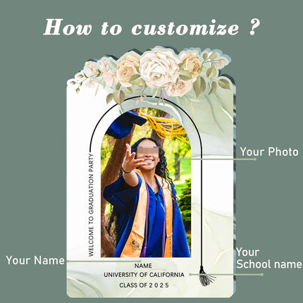 UUBAO Customized Welcome Sign for Graduation Party Personalized Acrylic Sign with Photo Name Class of 2025 Graduation Decor(Carving flowers)