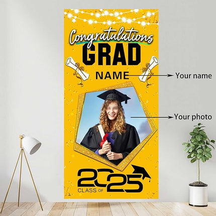 UUBAO Custom Graduation Party Decorations Personalization Banner Class of 2025 Backdrop Door Cover (Yellow)
