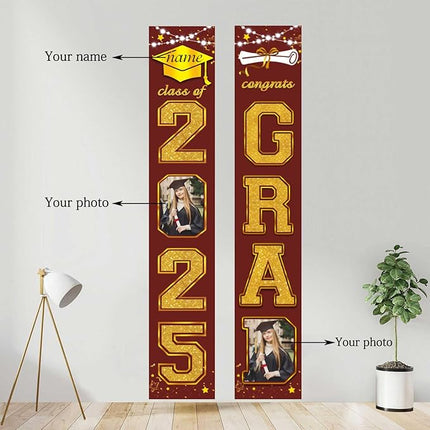 UUBAO Custom Graduation Party Decorations 2025 Personalization Congrats Grad Banner Graduation Front Door Porch Sign Backdrop(Maroon and Gold)
