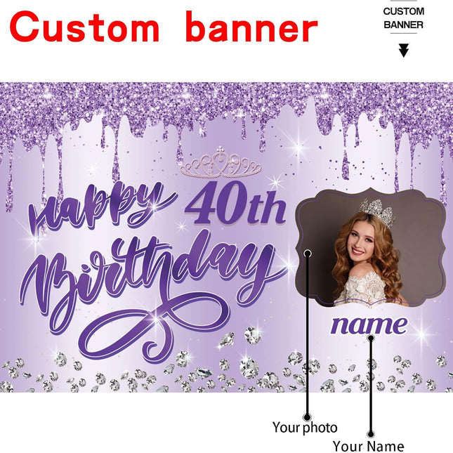 UUBAO Custom Happy Birthday Backdrop Personalization Glitter DiamondBanner for Girls Women(Purple)