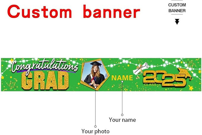 UUBAO Custom Graduation Party Decorations 2025 Personalization Congrats Grad Banner Graduation Backdrop(Light Green and Gold)