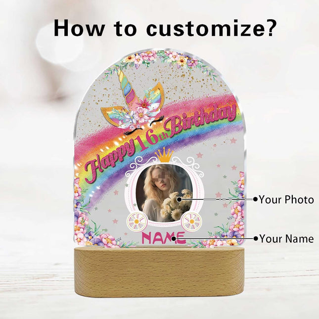 UUBAO Personalized Happy Birthday Night Light Gift with Photo Customized Acrylic Lamp for Her Mom Daughter Grandma Nana(Unicorn)