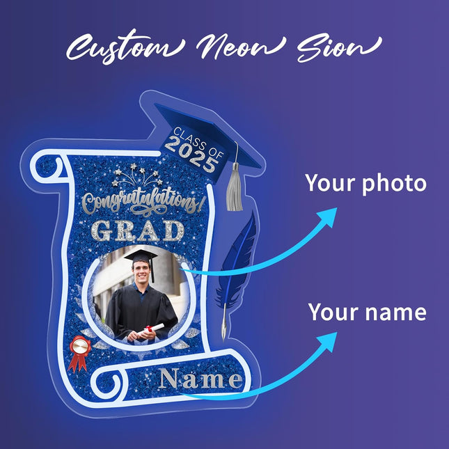 UUBAO Custom Graduation Gift LED Neon Signs Class of 2025 Personalized Photo Congrats Grad USB Powered (Blue and Silver)
