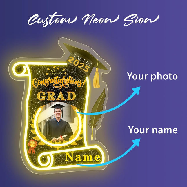 UUBAO Custom Graduation Gift LED Neon Signs Class of 2025 Personalized Photo Congrats Grad USB Powered (Black and Gold)
