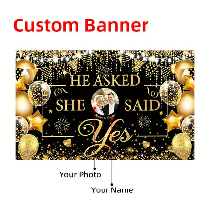 UUBAO Custom Black Gold Engagement Decorations Personalized Banner for Wedding Happy Engagement Party