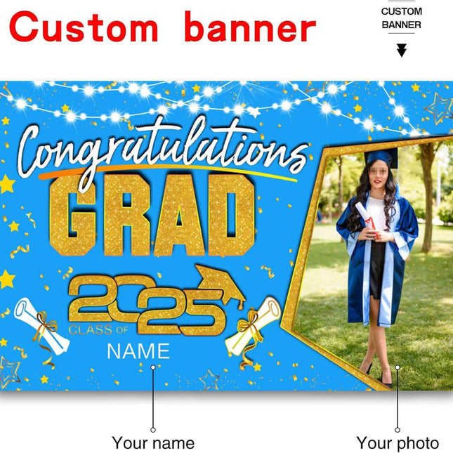 UUBAO Custom Graduation Party Decorations Personalization Banner Class of 2025 Backdrop (Sky Blue and Gold)