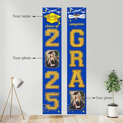 UUBAO Custom Graduation Party Decorations 2025 Personalization Congrats Grad Banner Graduation Front Door Porch Sign Backdrop(Blue and Gold)