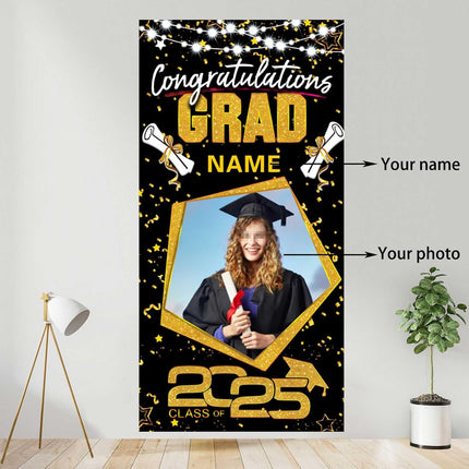 UUBAO Custom Graduation Party Decorations Personalization Banner Class of 2025 Backdrop Door Cover (Black and Gold)