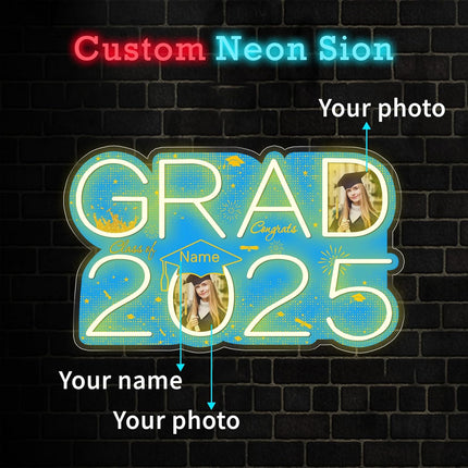 UUBAO Personalized Graduation Gift Neon Signs Congrats Grad LED Light Signs with Photo 2025 Party Backdrop Light Sign Decor (Sky Blue)