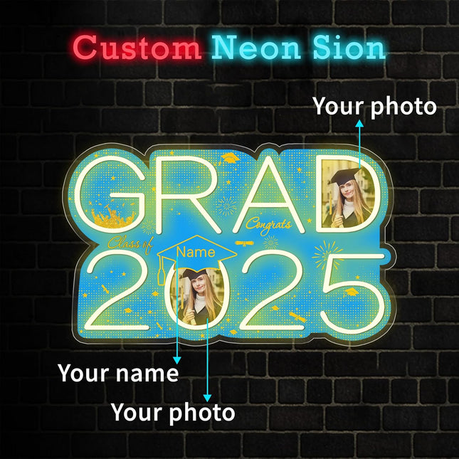 UUBAO Personalized Graduation Gift Neon Signs Congrats Grad LED Light Signs with Photo 2025 Party Backdrop Light Sign Decor (Sky Blue)