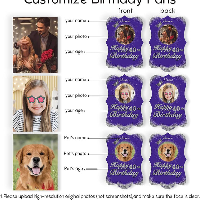 UUBAO Personalized Double Sided Happy Birthday Photo Prop Face Fan Customized Birthday Fun Supplies(Purple and Silver)