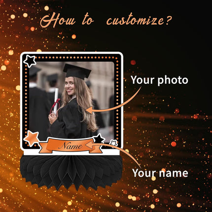 UUBAO 9 PCS Custom Graduation Party Honeycomb Centerpieces Class of 2025 Congrats Grad Decorations Congratulate Graduation Table Toppers for Graduation Party Favor Supplies (Orange)