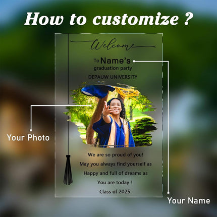 UUBAO Customized Welcome Sign for Graduation Party Personalized Acrylic Sign with Photo Name Class of 2025 Graduation Decor(Ink Wash)
