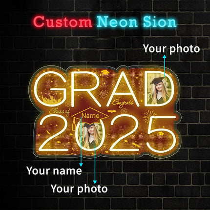UUBAO Personalized Graduation Gift Neon Signs Congrats Grad LED Light Signs with Photo 2025 Party Backdrop Light Sign Decor (Maroon)