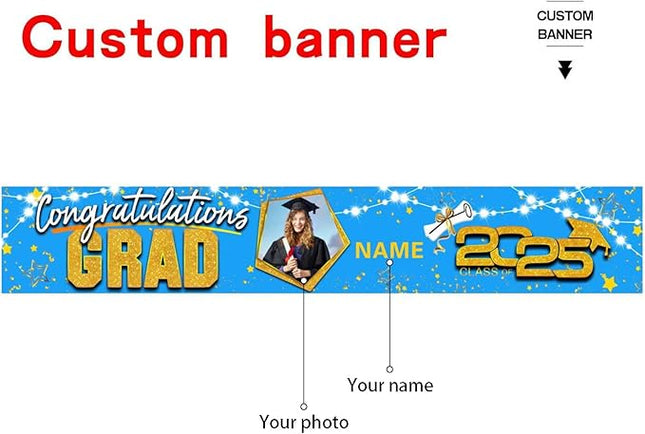 UUBAO Custom Graduation Party Decorations 2025 Personalization Congrats Grad Banner Graduation Backdrop(Sky Blue and Gold)