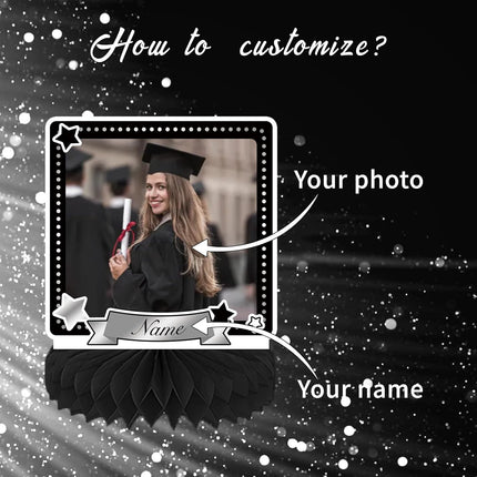 UUBAO 9 PCS Custom Graduation Party Honeycomb Centerpieces Class of 2025 Congrats Grad Decorations Congratulate Graduation Table Toppers for Graduation Party Favor Supplies (Black and Silver)
